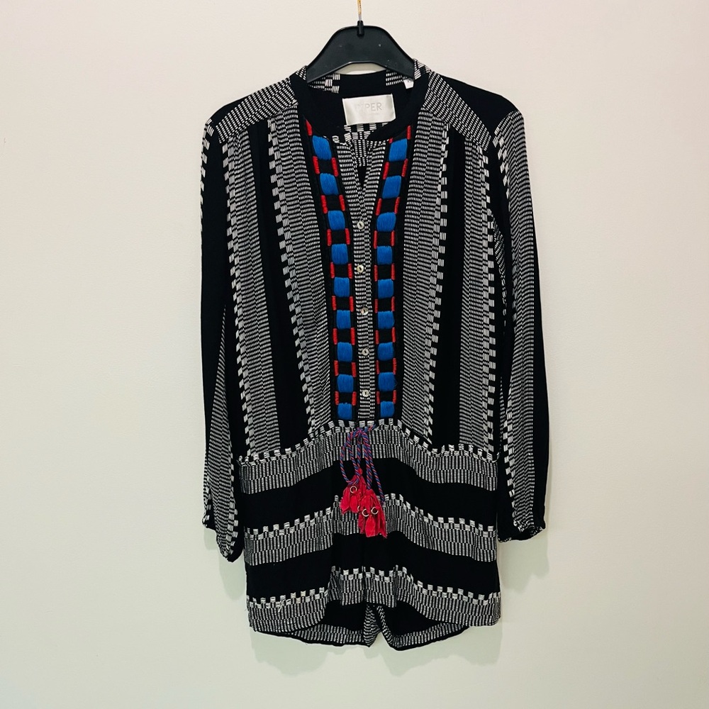2/$20 -Black & White Boho Shorts Romper with Red and Blue Accents - draw string